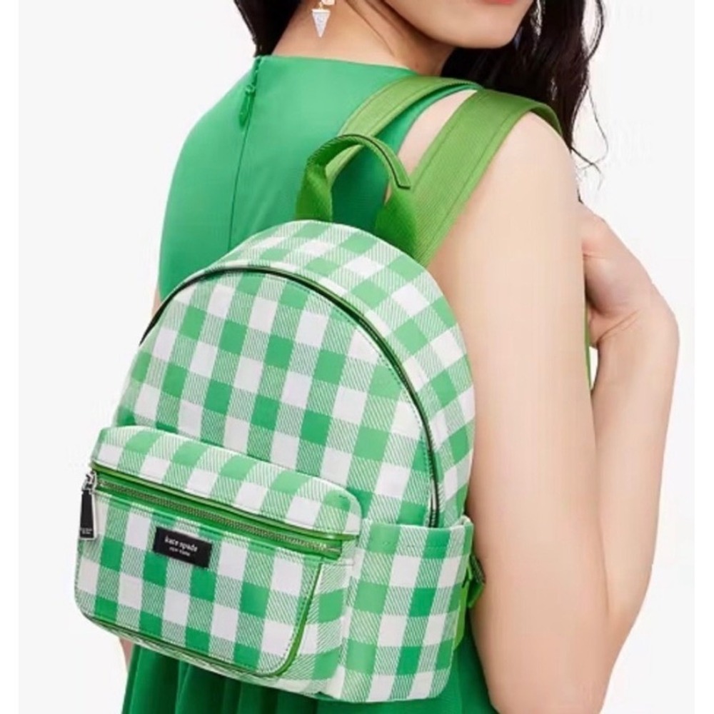 Kate Spade Chelsea Gingham Small Backpack Green White Checkered Leather Trim